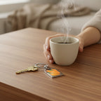 Keychain with a design of a ladybug on a sunflower with a key attached to it and a hand holding a coffee cup on a coffee table in a living room