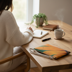 Person sitting at a wooden desk with a notebook, pen, and mug, looking out a window.