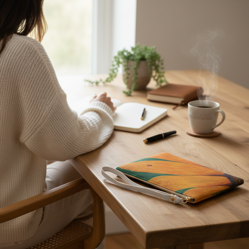 Person sitting at a wooden desk with a notebook, pen, and mug, looking out a window.