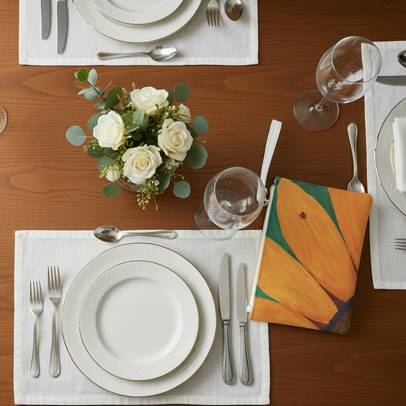 Clutch bag with ladybug on a sunflower design on top a dining table set with white plates, silverware, and a centerpiece of flowers on a wooden table.