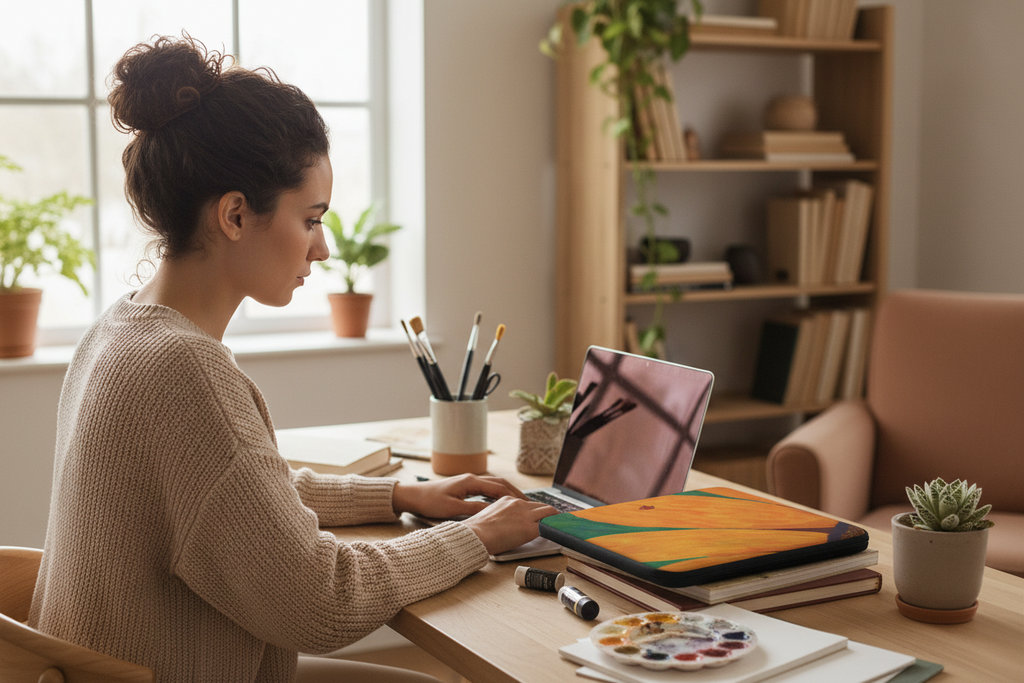 Woman working on a laptop at a desk with various items including a colorful bag and stationery.