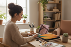 Woman working on a laptop at a desk with various items including a colorful bag and stationery.