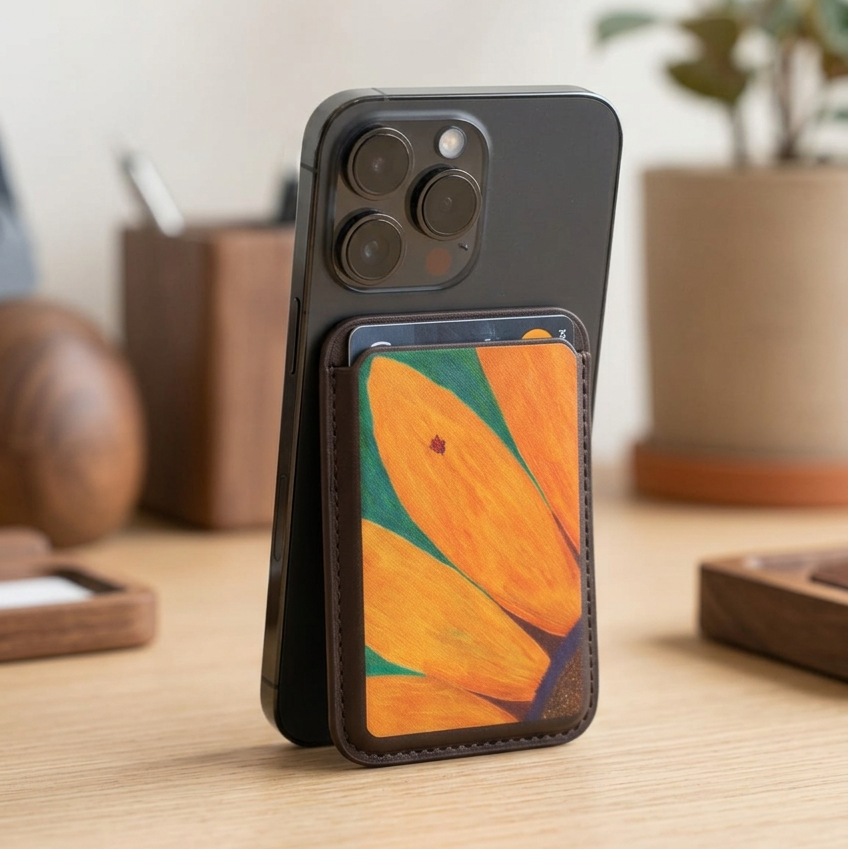 Magsafe card holder with Ladybug on Sunflower design propped up against a smart phone on a desk.