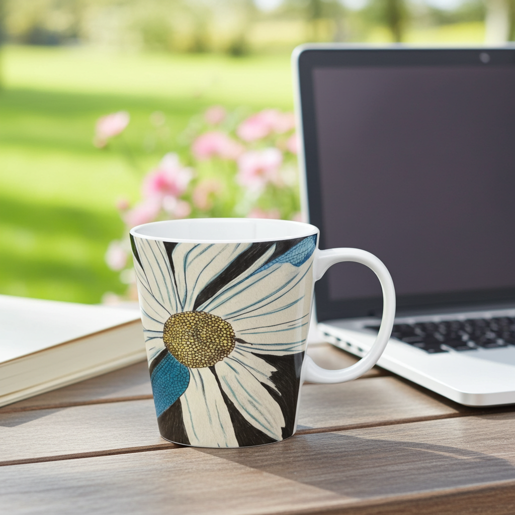 Mug with floral design on a wooden table outdoors