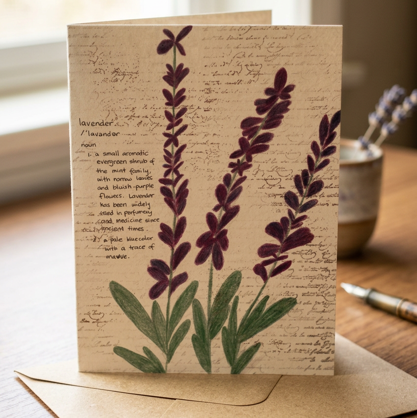 A square greeting card with a vintage-style lavender illustration and handwritten script background, standing on a kraft envelope on a wooden table near a window.