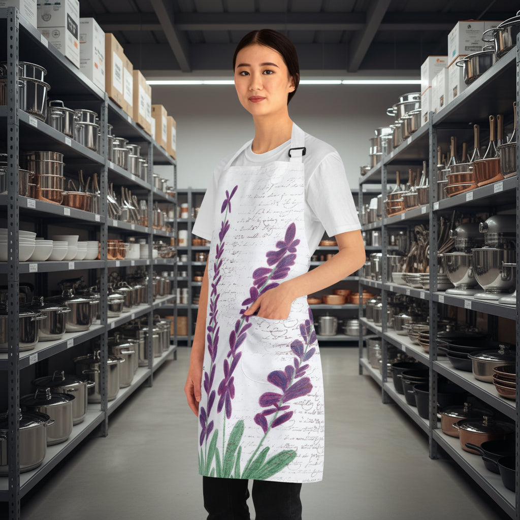 A woman modeling a white apron with a purple lavender floral print and a background of faint cursive script, shown against a plain white studio background.