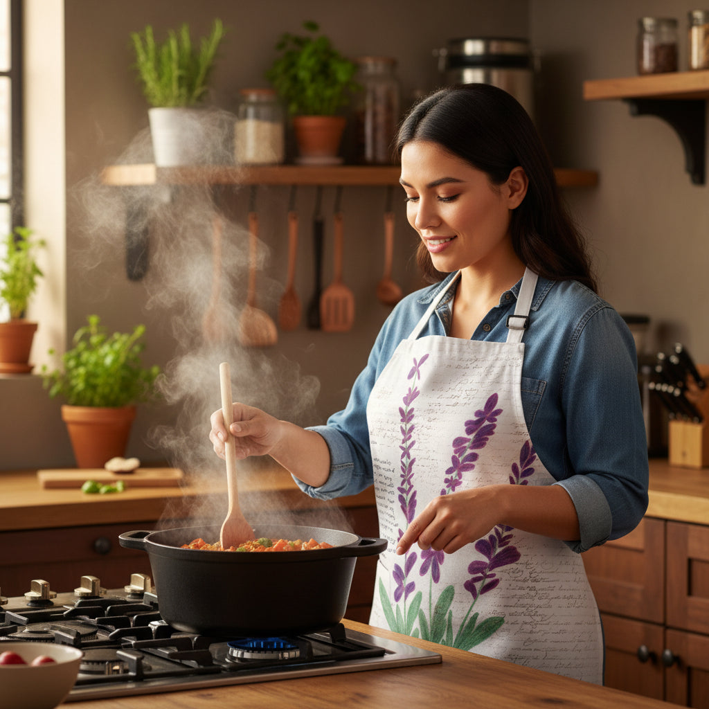 A white apron with a printed design of purple lavender flowers and green leaves over a faint vintage script background. The apron has a neck strap and waist ties.