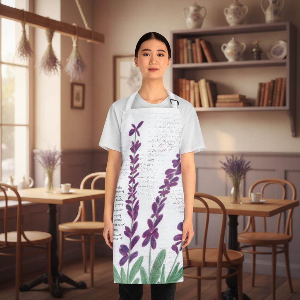 A woman modeling a white apron with a purple lavender and green leaf botanical print over a faint cursive script background, set in a cafe