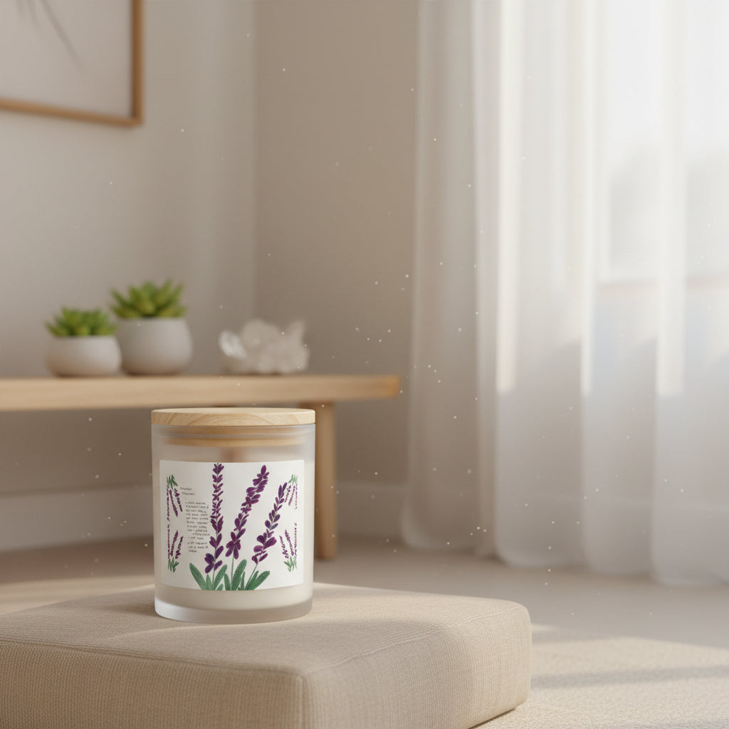 Candle with lavender design and wooden lid in a meditation room