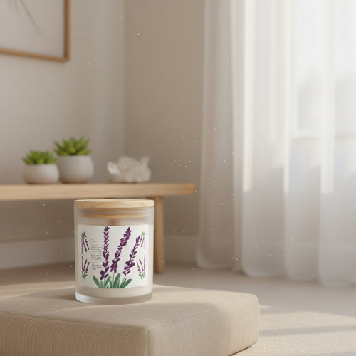 Candle with lavender design and wooden lid in a meditation room