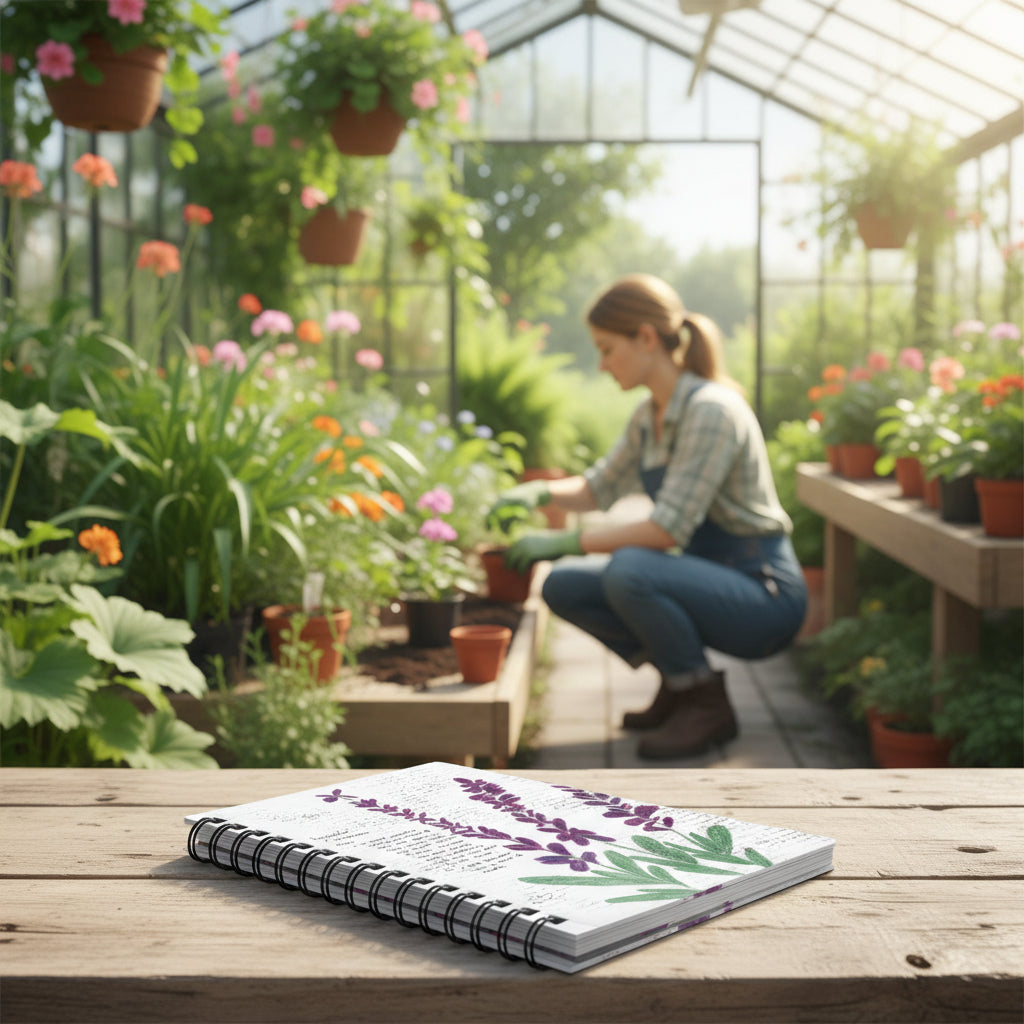Notebook with lavender design in a greenhouse with a woman working with plants on the background