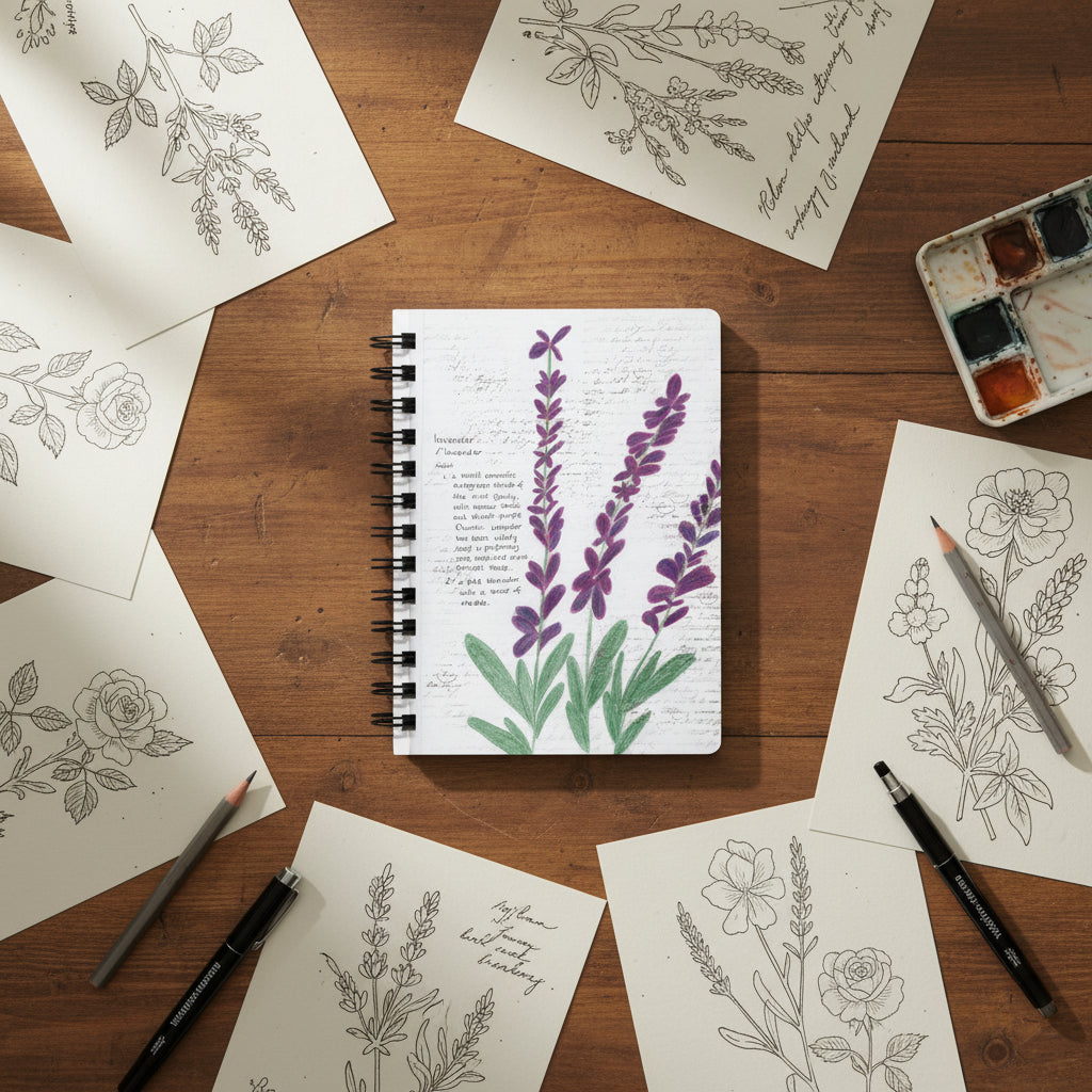 Notebook with lavender plant design on a wooden surface