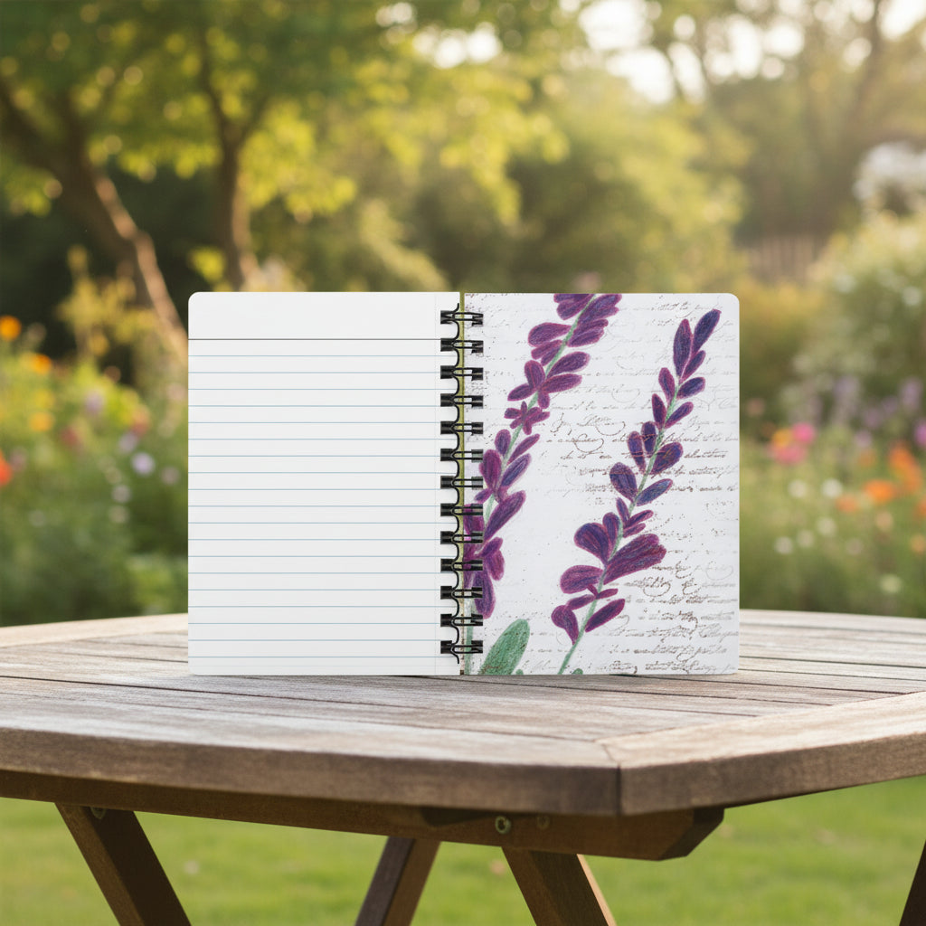 Opened Notebook with lavender design the back inner cover on a garden table
