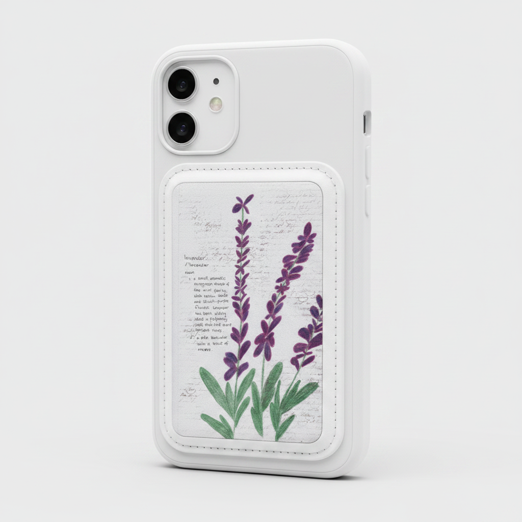 A white rectangular magsafe cardholde or with stitched edges, featuring a printed lavender illustration and handwritten-style text on a textured off-white background, attached to a mobile phone on a white background
