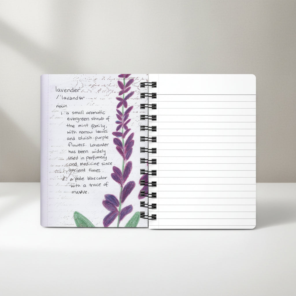 Opened Notebook with lavender design and text on a white background