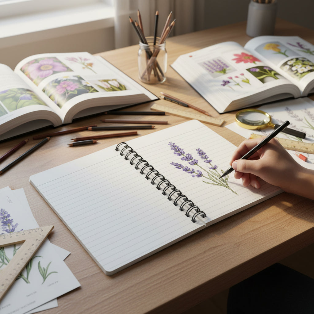 Open spiral-bound notebook with lined pages in a artist desk and with a lavender plant drawing