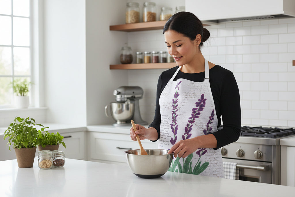 Apron with lavender design and text on a hook with a spice rack on the side and window on the left side