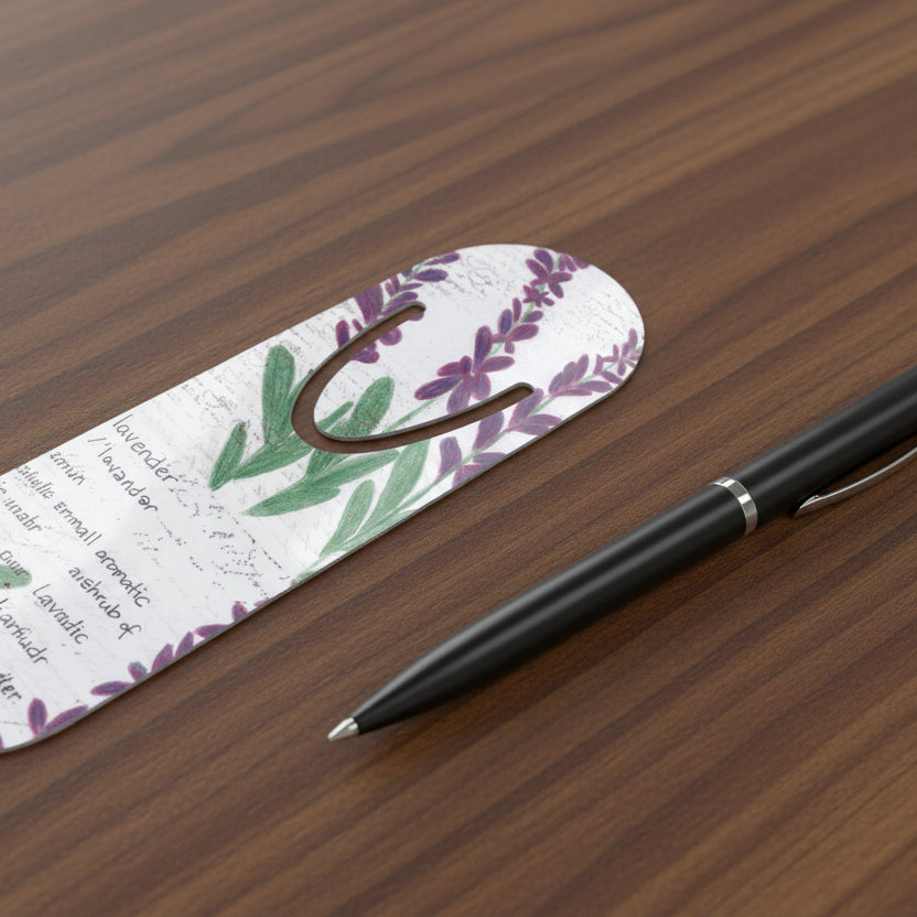 Lavender design boomark with a pen next to it on a medium dark desk