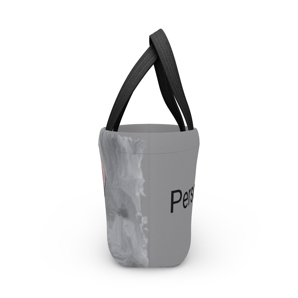 Gray neoprene bag with black handle side view