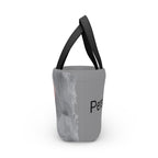 Gray neoprene bag with black handle side view