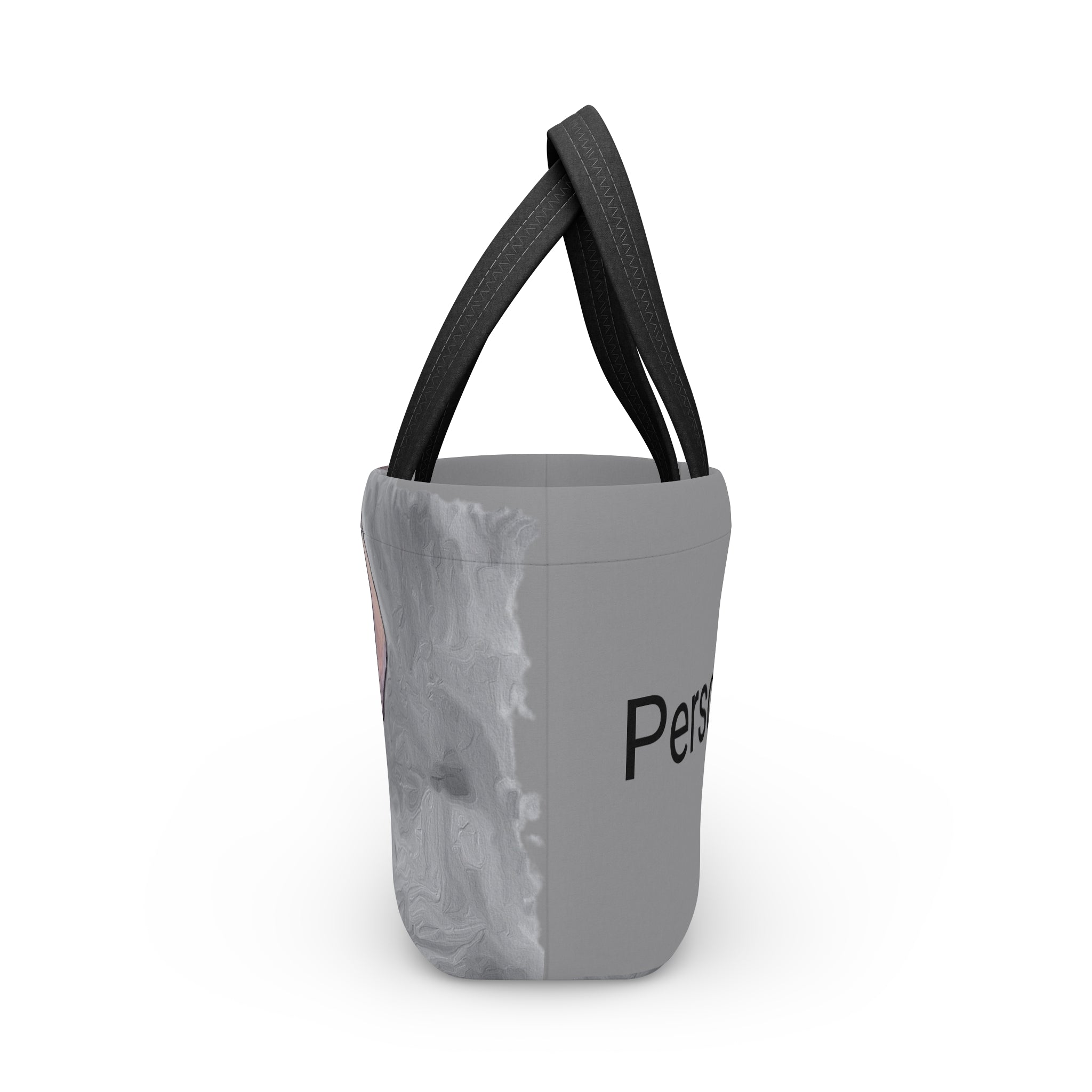 Gray neoprene bag with black handle side view