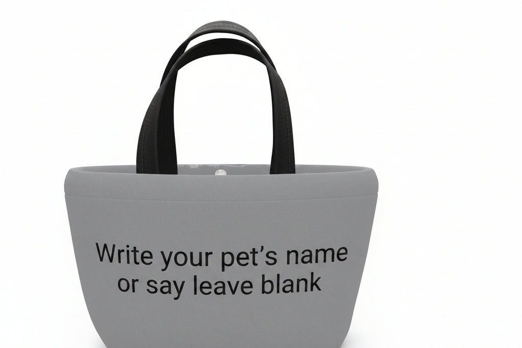 Gray tote bag with black handles and customizable text on a white background