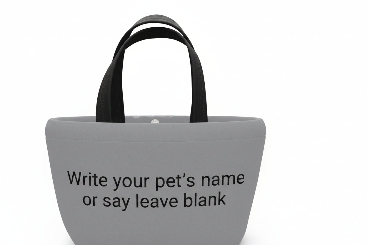 Gray tote bag with black handles and customizable text on a white background