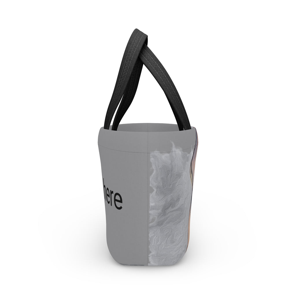 Side view of Gray lunch bag with black text and handle on a white background