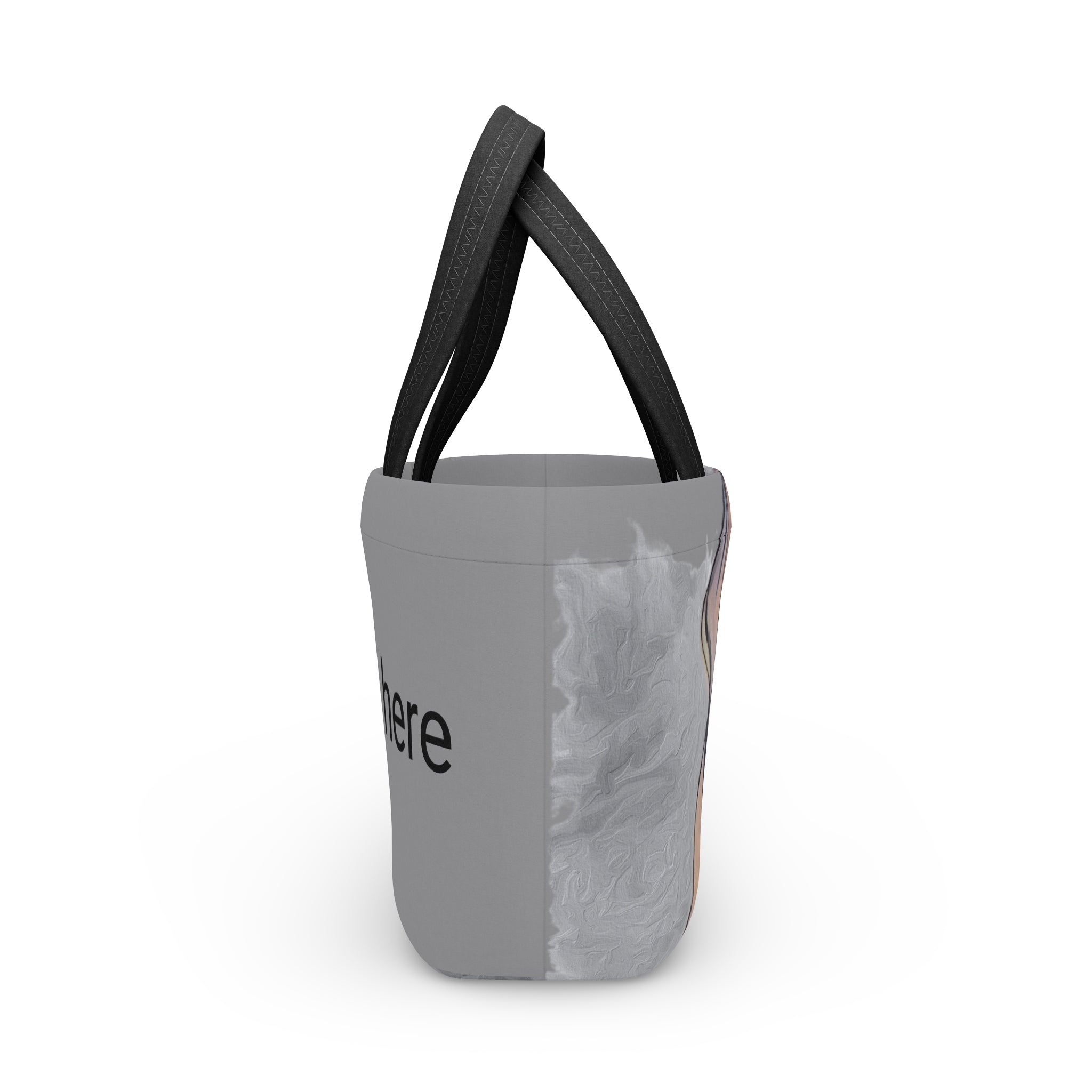 Side view of Gray lunch bag with black text and handle on a white background