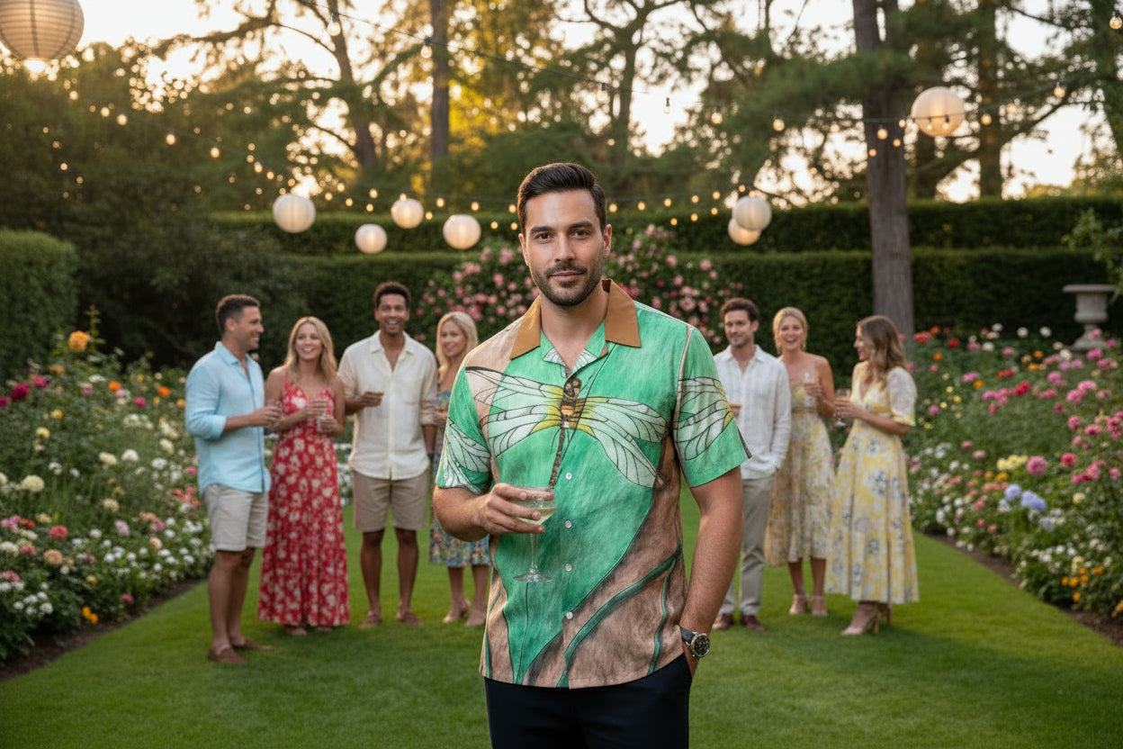 Man wearing short-sleeve shirt with dragonfly on a leaf design at a garden party