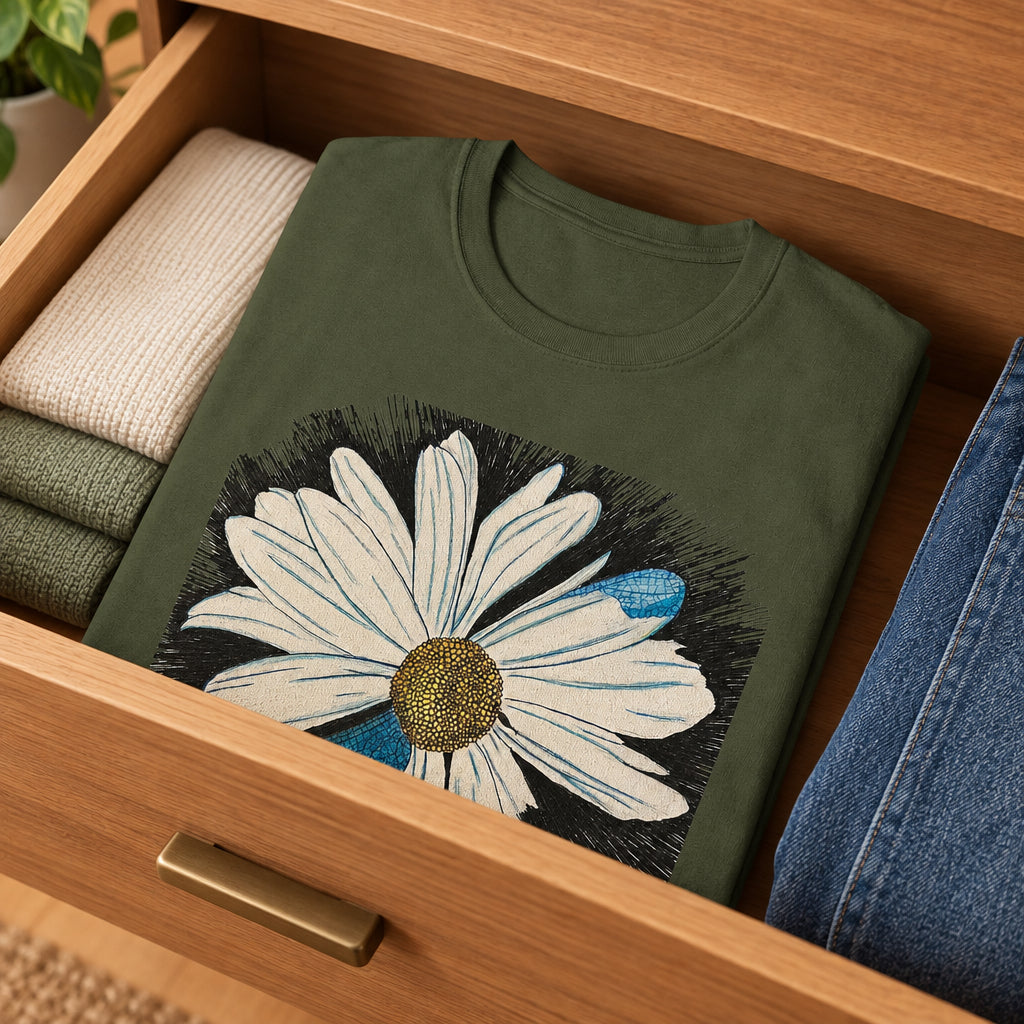 Military green t-shirt with a white daisy design on a wooden clothes drawer