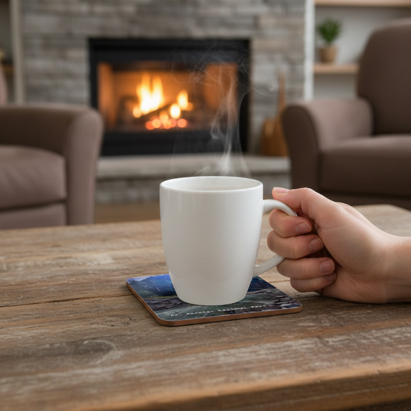 Mt Rainier Coaster with white mug held by a hand at a rustic coffee table in a living room with a fireplace int he background
