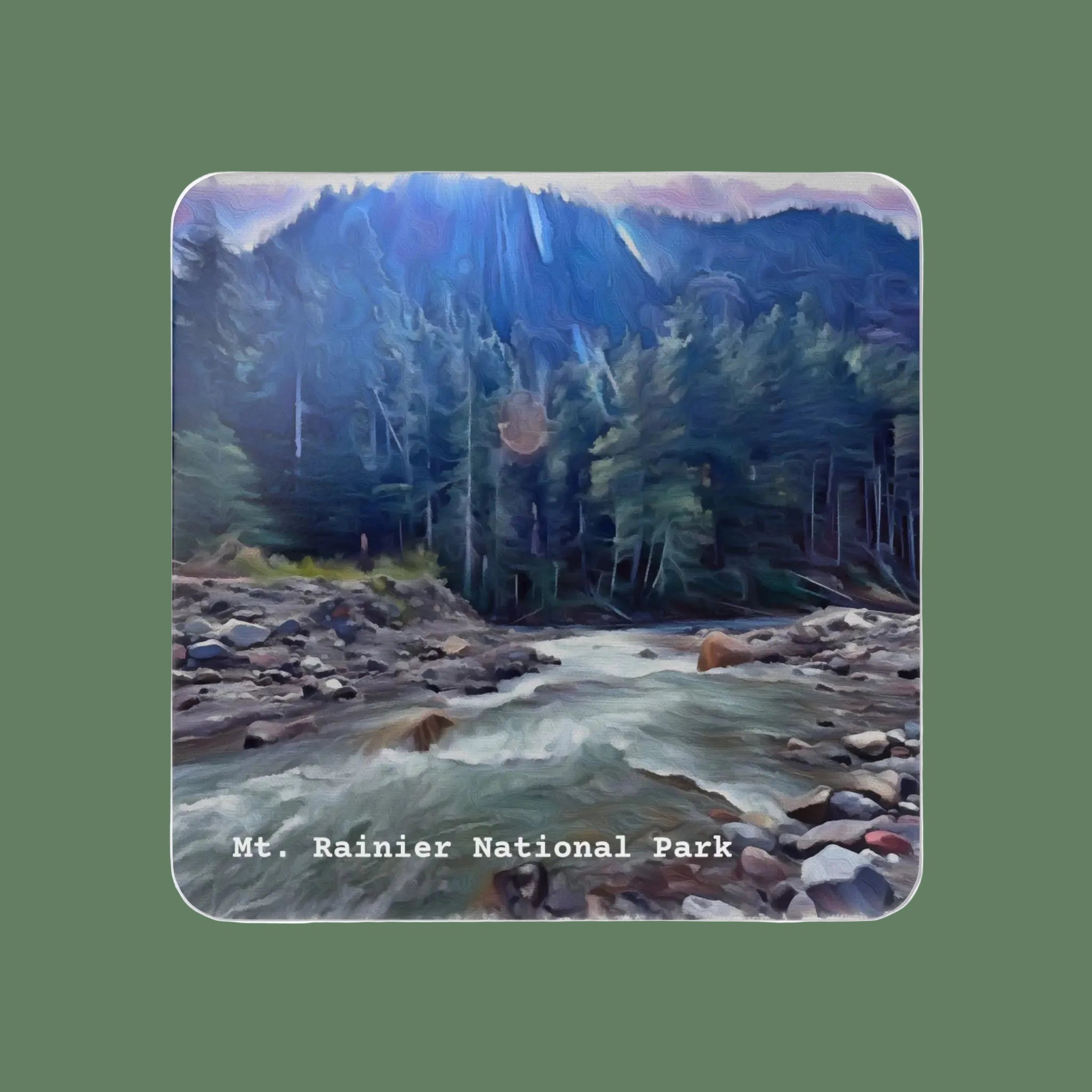 Mt Rainier National Park Coaster on a green background