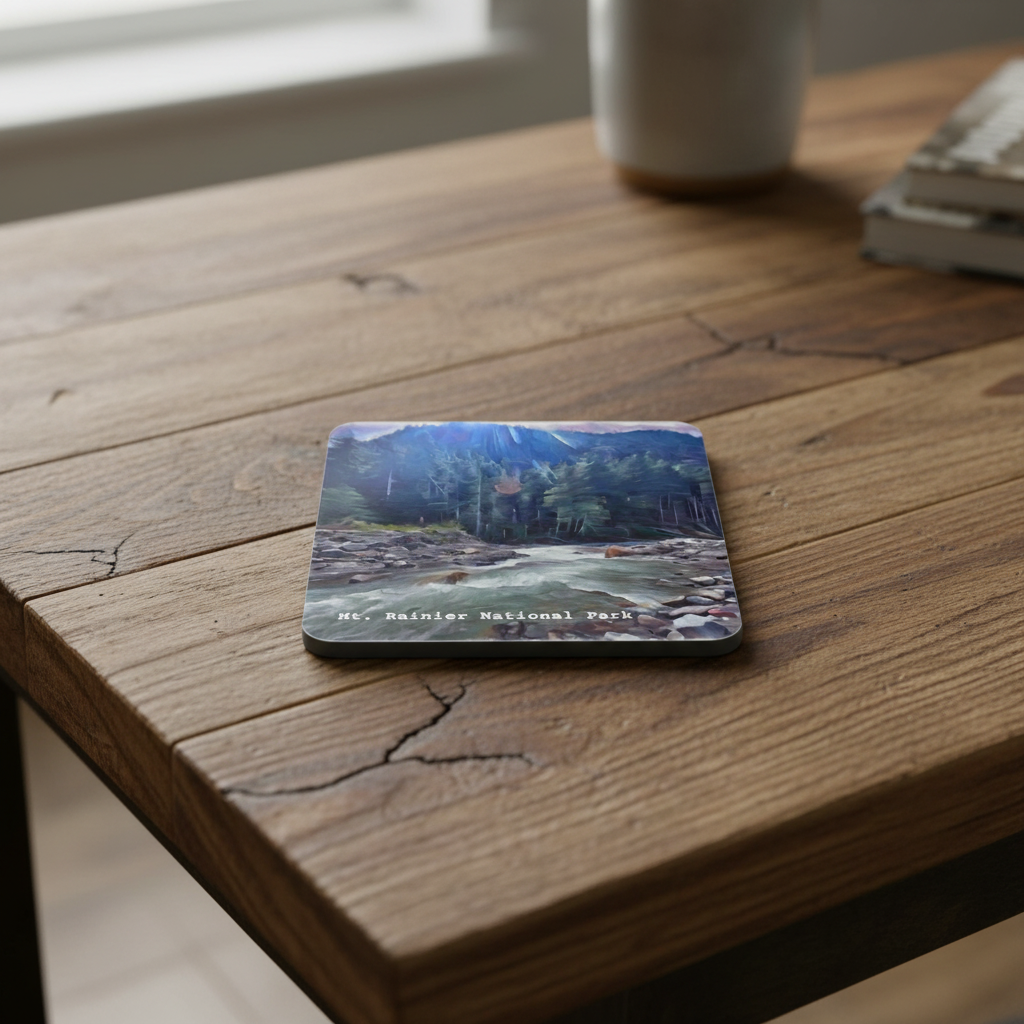 Mt Rainier Coaster on a rustic table