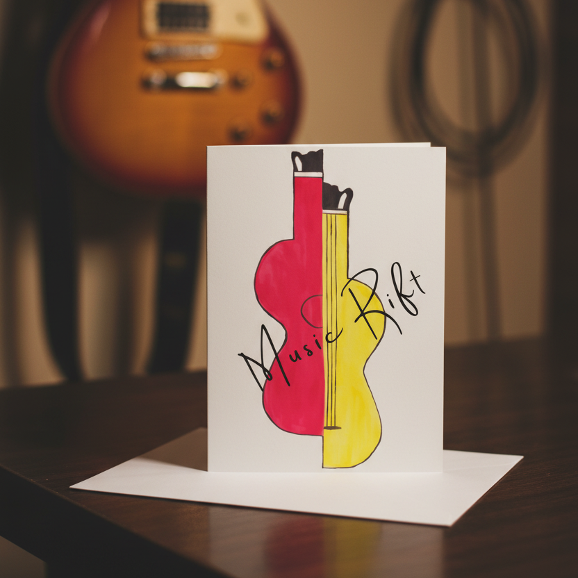 A stylized illustration of two guitar-like musical instruments split vertically, one in bright pink and one in yellow, with the words 'Music Rift' written across them in black script on an off-white background in a music room with a blurred electric guitar in the back.