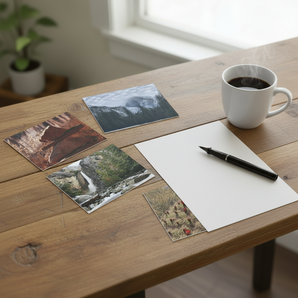 Five small landscape photographs arranged on a wooden table in a bright room, showing different natural scenes including mountains, a waterfall, rock formations, and wildflowers.
