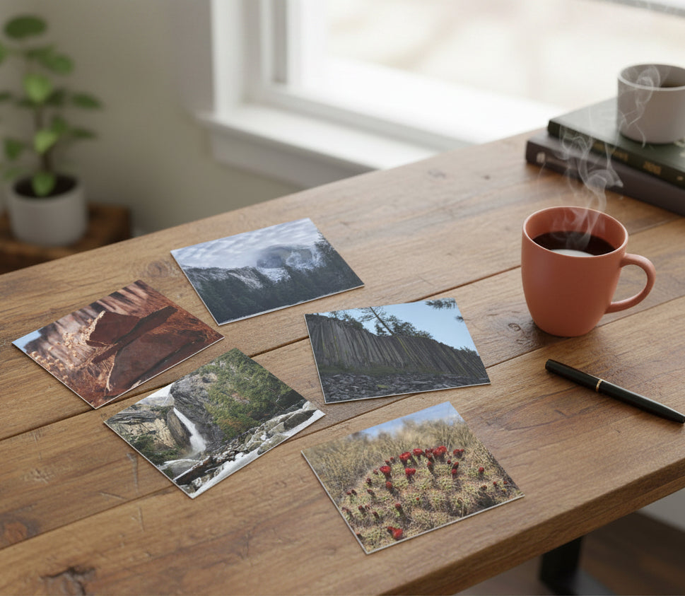 A collage of five square landscape photographs arranged on a white background: stacked rocks with wildflowers, a snowy mountain scene, a wooden fence, a waterfall in a forest, and red flowers in a grassy field.