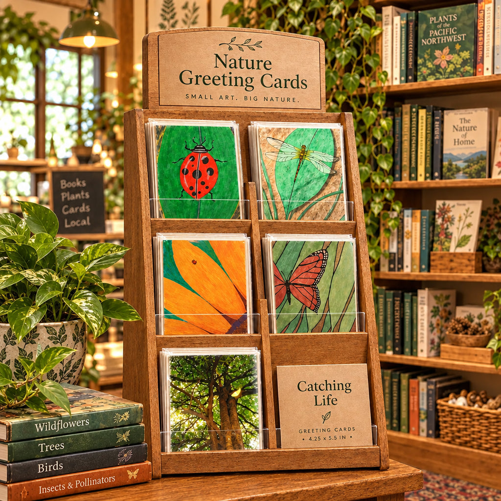 Five square art prints arranged on a white background, each showing a different nature-themed painting: a red ladybug on green leaves, a dragonfly on a green leaf, a close-up orange flower with a small red bug, a red butterfly on green leaves, and a tree trunk with green foliage and a small yellow leaf.