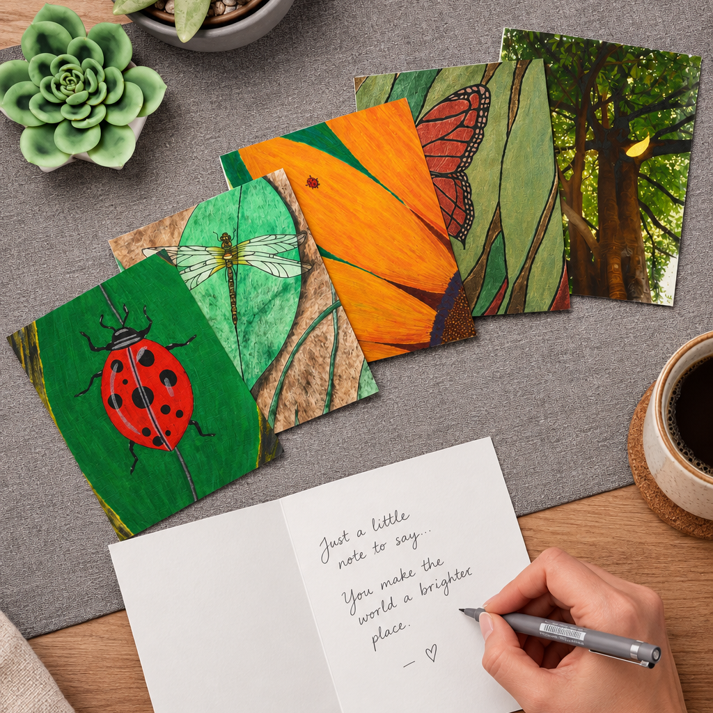 A hand writes in an open notebook while several colorful nature-themed art cards are spread out on a gray mat. The cards depict a ladybug, dragonfly, orange butterfly, monarch butterfly, and forest scene.