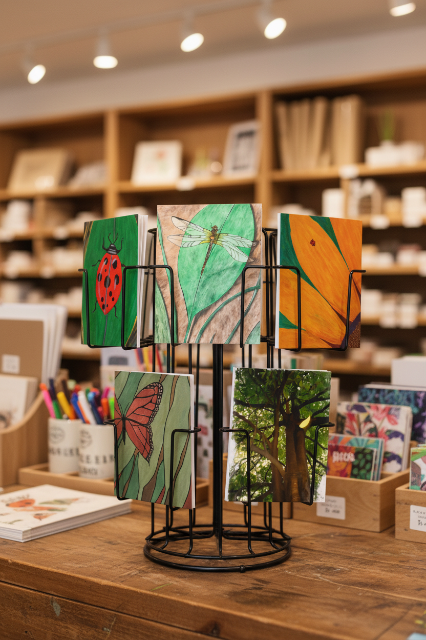 A set of four colorful nature-themed art cards displayed on a black wire stand on a wooden counter inside a shop. The cards feature illustrations of a ladybug, a dragonfly, a butterfly, and a tree, with a blurred background of store shelves.