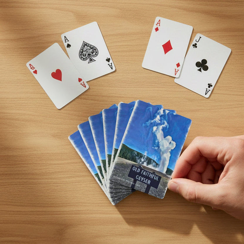 a fan of playing cards with Old Faithful Geyser design with 4 aces with it and hand grabbing a card