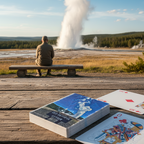 playing cards on a rustic table with a man sitting on a bench watching a geyser erupt