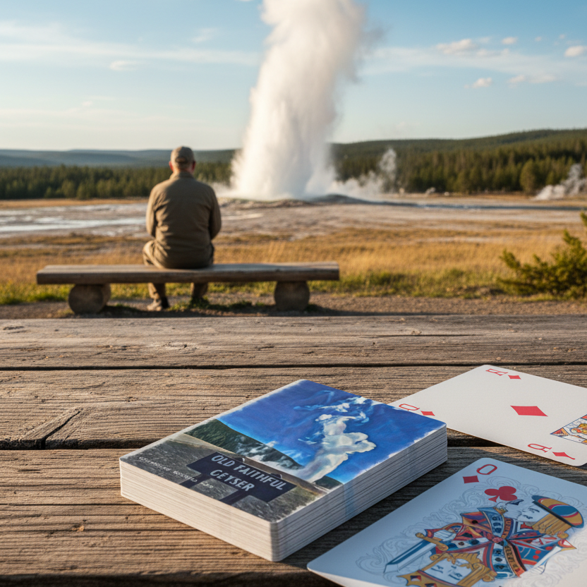playing cards on a rustic table with a man sitting on a bench watching a geyser erupt