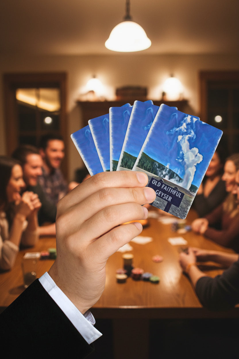 Hand holding a deck of card with Old Faithful designed by Marife Rosales with a background of people playing cards.