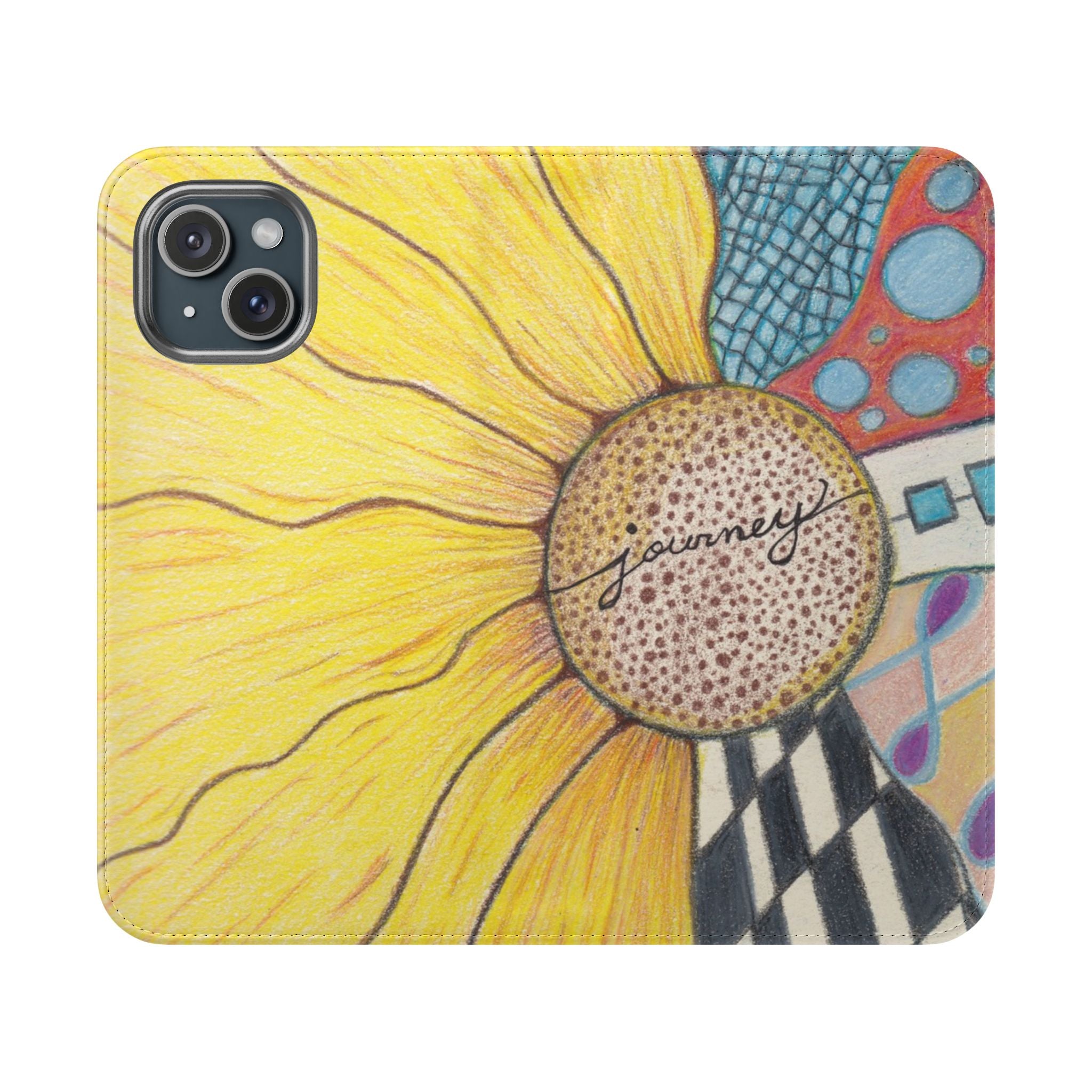 Open Flip Phone case with a sunflower  and aentangle design and 'journey' text on a colorful background