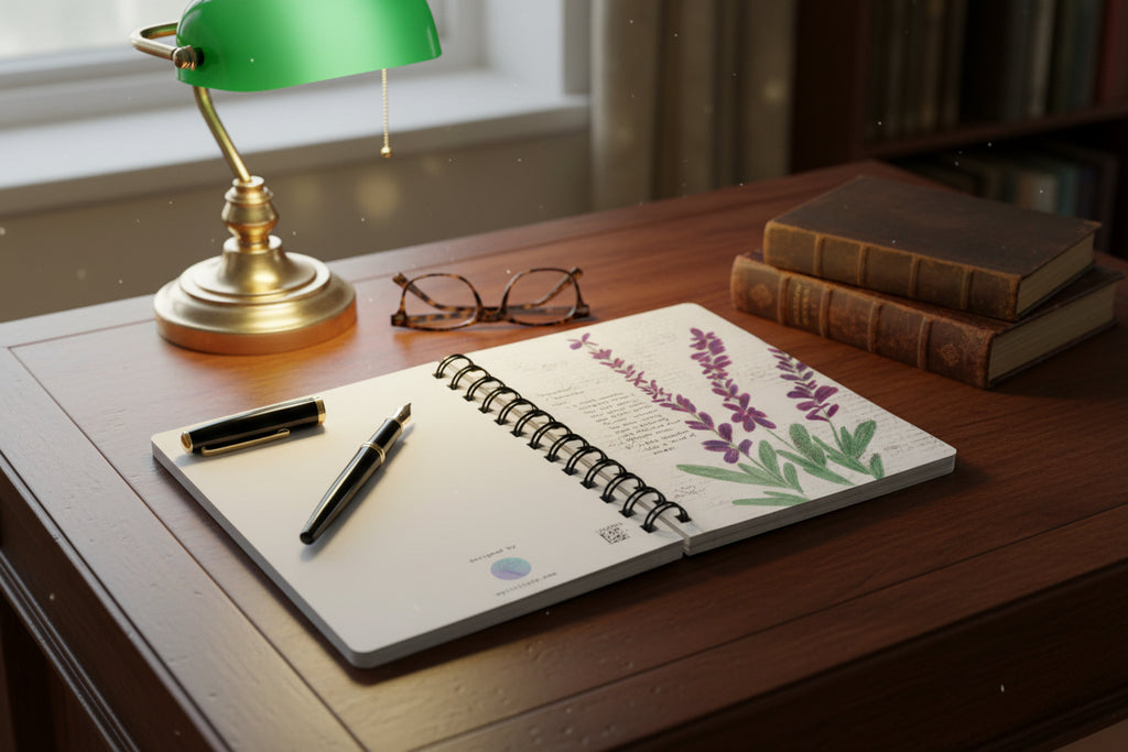 Open notebook with lavender plant design on desk with lamp, glasses, book and a pen