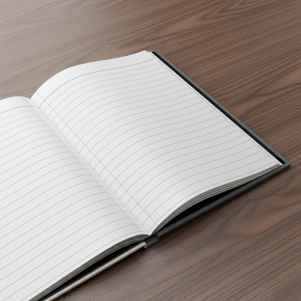 Open notebook with lined pages on a medium dark brown desk
