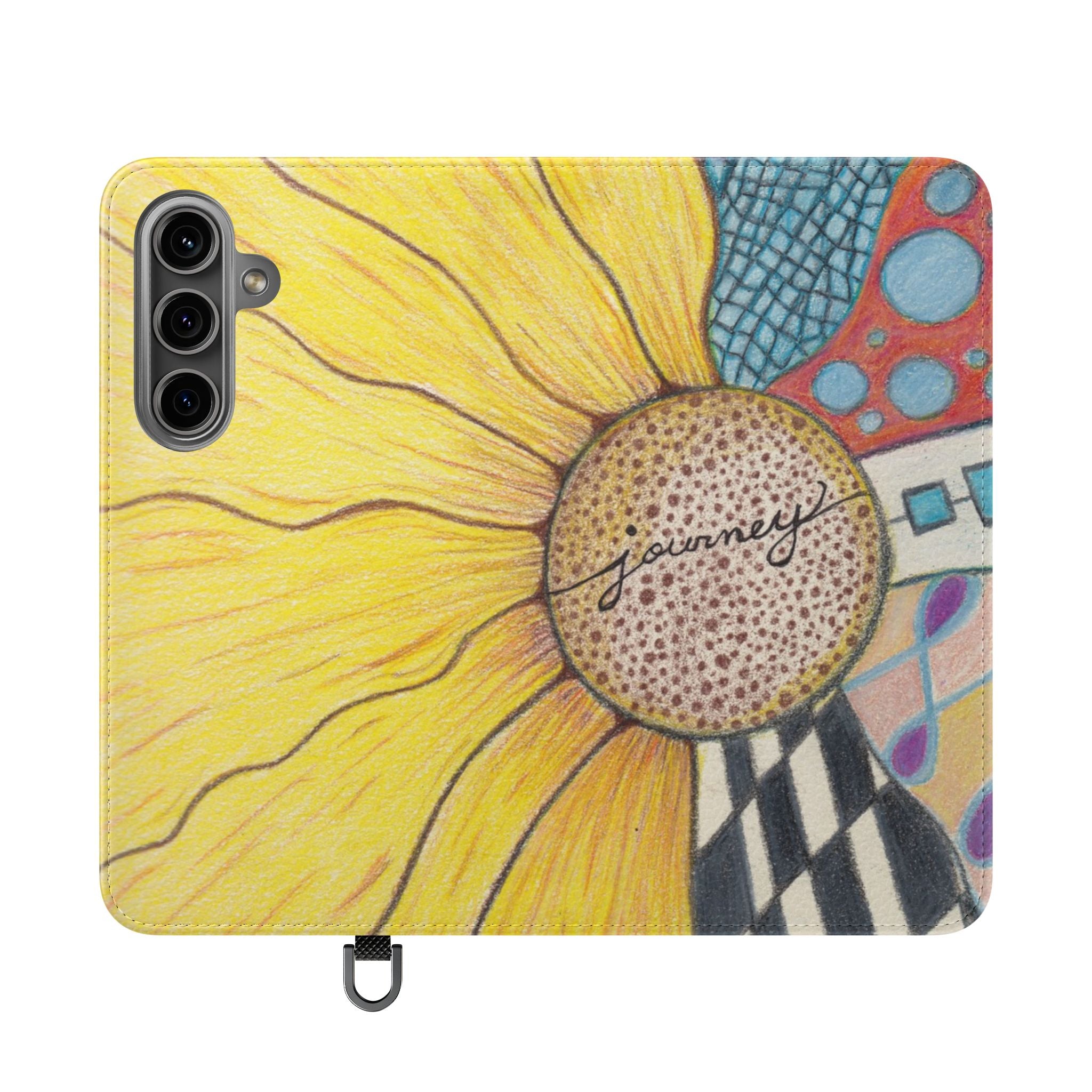 Phone case with a sunflower design and 'journey' text on a colorful background