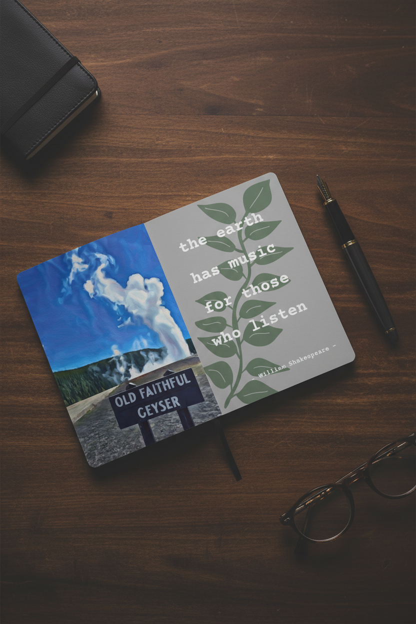 Notebook with Old Faithful Geyser illustration on a wooden surface with a pen and glasses.