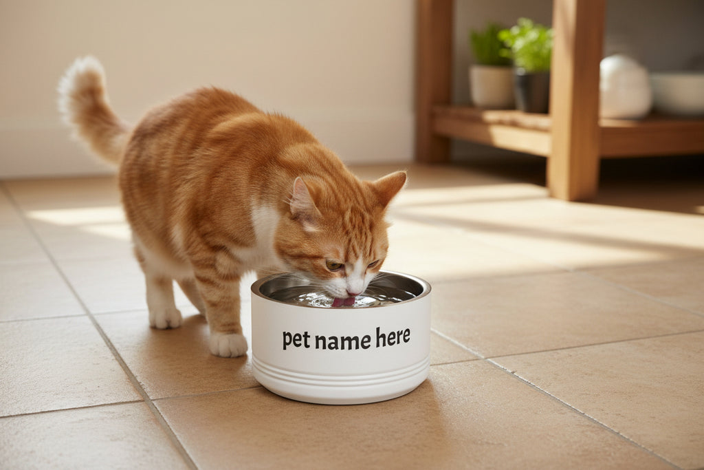 White pet bowl with 'pet name here' text on kitchen floor with a cat drinking water from it.